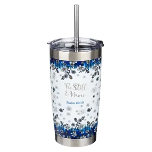 Blue Floral Stainless Steel Mug - Be Still and Know - 18 oz