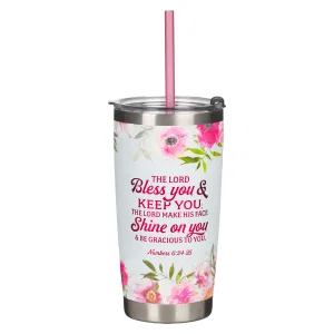 Bless You and Keep You White Floral Stainless Steel Travel Tumbler with Straw -