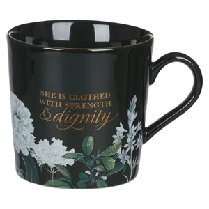 Strength and Dignity Black Floral Ceramic Coffee Mug - Proverbs 3- Disconti