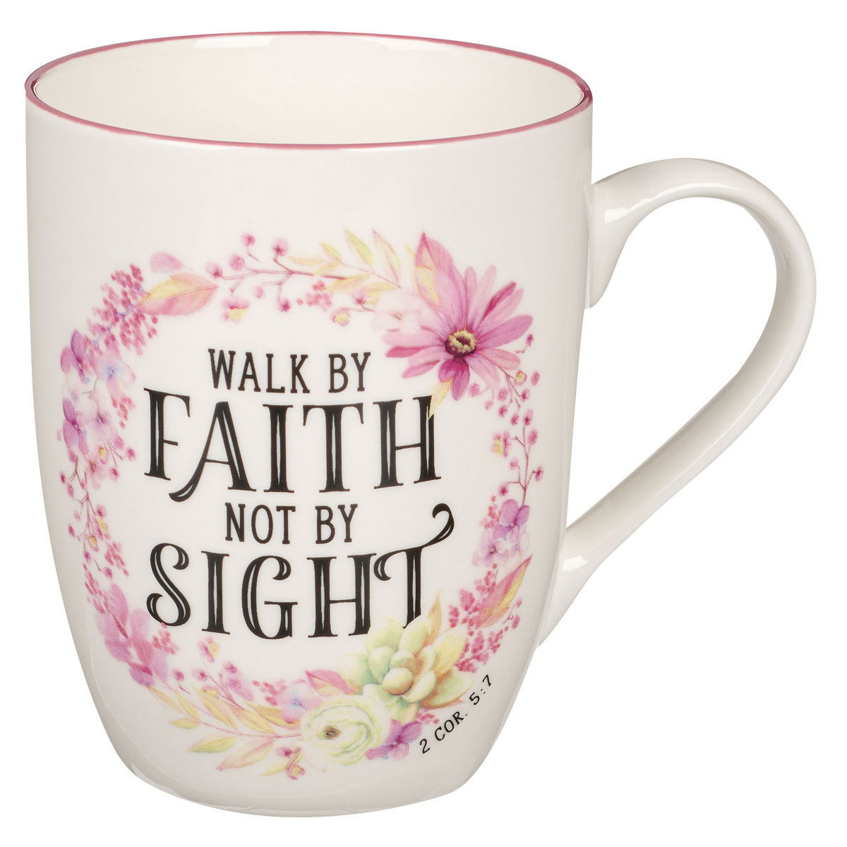 Image of Mug Pink Wreath Walk by Faith 2 Cor. 5:7
