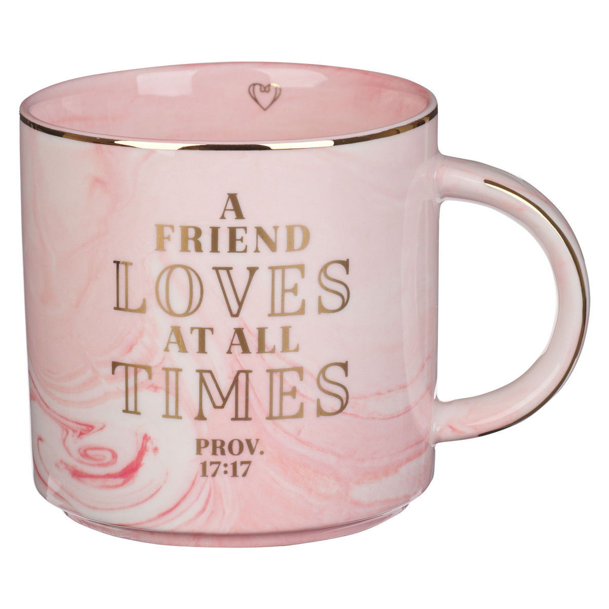 Image of Mug Pink Marbled A Friend Loves At All Times Prov. 17:17
