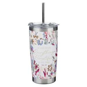 White Floral Everything Beautiful Stainless Steel Travel Mug with Reusable Straw