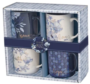Mug Set 4pc Blue Floral Geometric