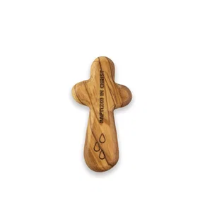 Olive Wood Comfort Cross Baptized in Christ, Laser Engraved, Carded