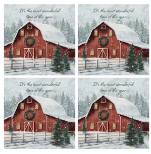 Coaster 4" Sq 4Pc Snowy Barn