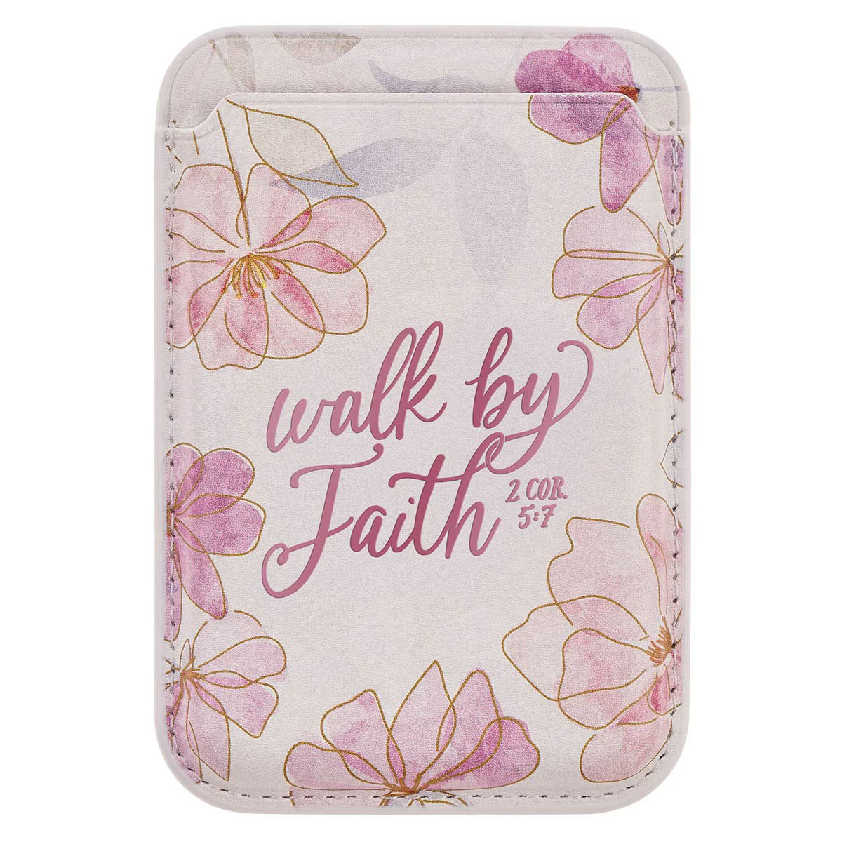 Image of Phone Wallet Magnetic White Floral Walk By Faith 2 Cor. 5:7