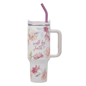 Tumbler w/straw SS White Floral Walk By Faith 2 Cor. 5:7