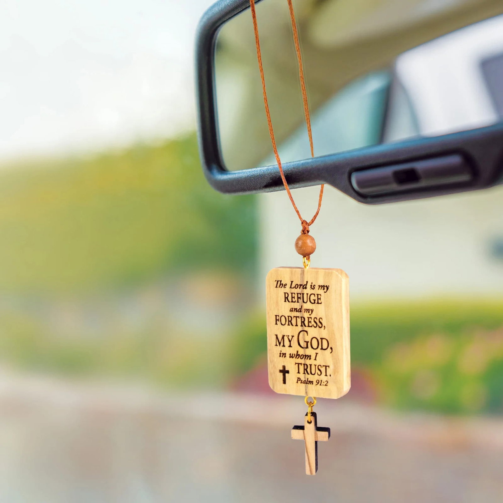 My Refuge Olive Wood Car Charm - Psalm 91:2