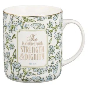 Mug Blue Floral Strength And Dignity Prov. 31:25