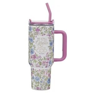 Tumbler w/straw SS Purple Floral Be Still And Know Ps. 46:10