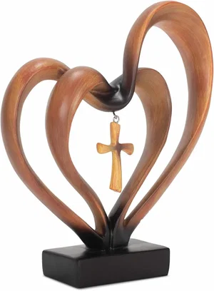 Entwined Heart Cross Figurine Wood 4.5"