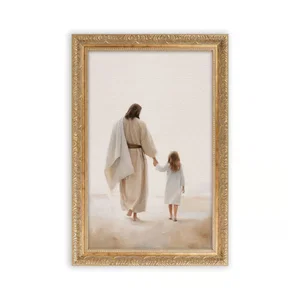 Gold Framed Wall Art - Jesus Walking With Child - 18"x26"