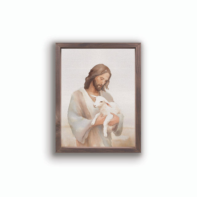 Image of Wonderous Watercolors Collection Framed Linen Art – Jesus & Lamb