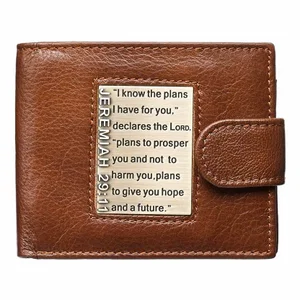 Brown Genuine Leather Wallet w/Brass Inlay - Jeremiah 29:11