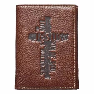 Brown Genuine Leather Tri-Fold Wallet with Cross