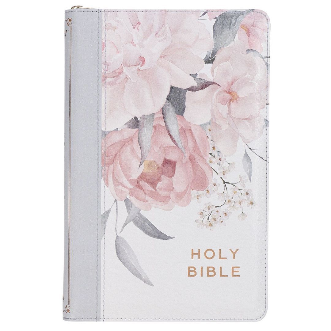Image of Frosty Gray and Pink Floral Faux Leather DeluxeBible, Indexed, Zipper Closure