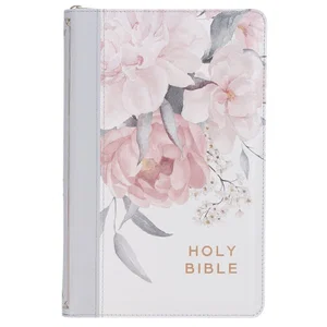 Frosty Grey and Pink Floral Faux Leather DeluxeBible, Indexed, Zipper Closure