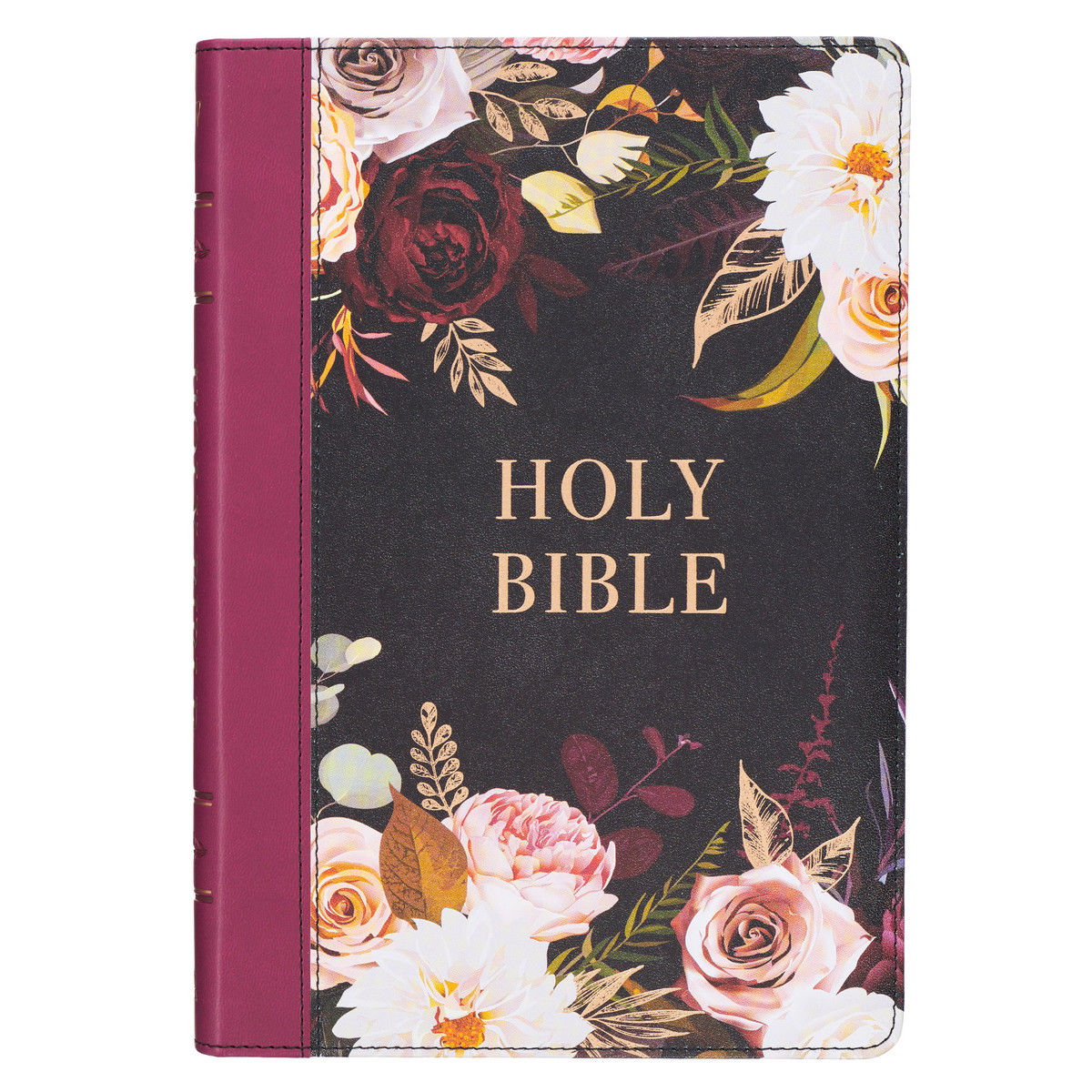 KJV Bible Thinline LP Faux Leather, Black Floral Printed/Burgundy