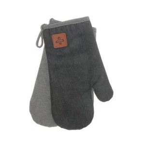 2 Pc Black Denim Oven Mitt w/ Leather Badge 13"