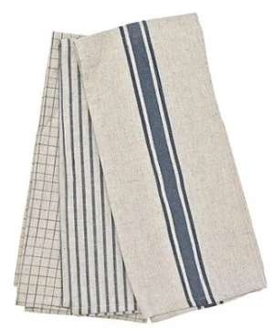 Pin Stripe and Grid Tea Towel 3pc (Blue/ Cream)