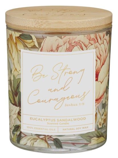 Glass Candle w/Bamboo Lid Floral Strong & Courageous Josh. 1:9