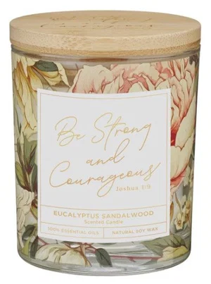 Glass Candle w/Bamboo Lid Floral Strong & Courageous Josh. 1:9
