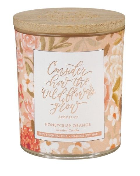 Glass Candle w/Bamboo Lid Floral Consider How the Wildflowers Grow Luke 12:27