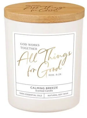 Glass Candle w/Bamboo Lid White God Works Rom. 8:28