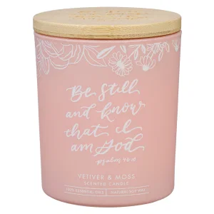 Glass Candle w/Bamboo Lid Pink Be Still Ps. 46:10