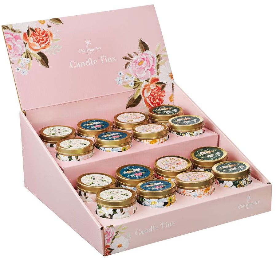 Merchandiser Tin Candles 16 pc Assorted Florals