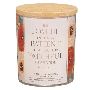 Glass Candle w/Bamboo Lid Floral Joyful, Patient, Faithful Rom. 12:12