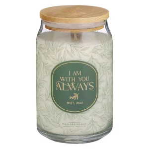 Glass Candle w/Bamboo Lid Green Leaves I Am With You Always Matt. 28:20