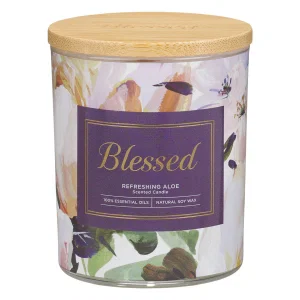 Glass Candle w/Bamboo Lid Purple Floral Blessed
