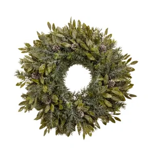 15" Glittered Pine w/ Leaves & Pinecones Wreath
