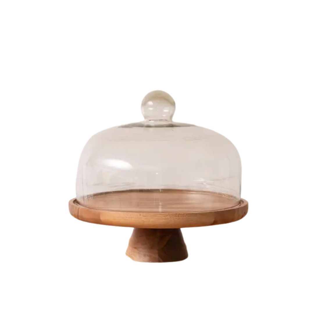 Image of Wood Cake Stand with Glass Dome
