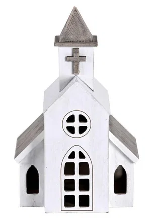 Figurine White Church Steeple Wood 11.5H