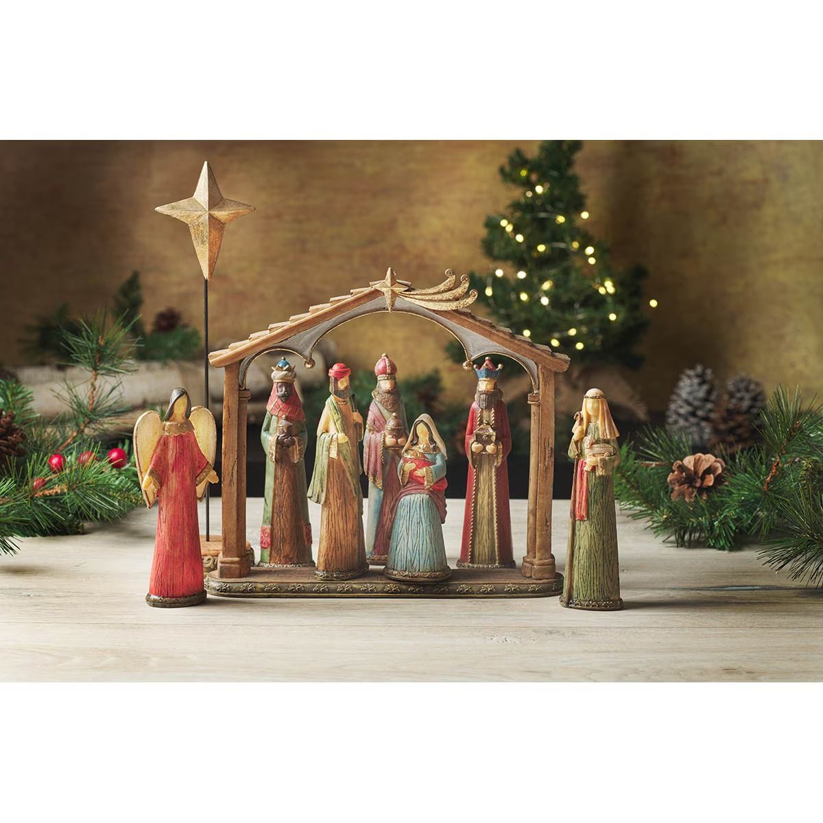 Image of Set of 9, Resin Nativity set with house and cross, 6.5H