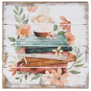 Coffee Books Flowers Wood Sign 6"