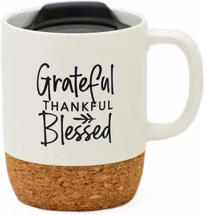 Grateful Thankful Blessed Cork Bottom White Mug