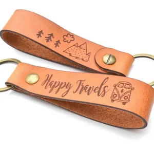 Retro Camper Van Keychain - Happy Travels Leather Keychain