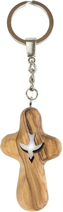 Dove Holding Cross Olive Wood Keychain
