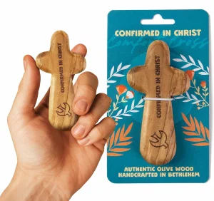 Laser Engraved Olive Wood Comfort Cross, Confirmed in Christ, Romans 5:5