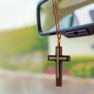Wood and Metal Cross Car Charm - Brown and Gold