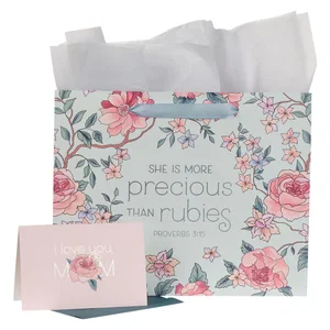 More Precious Than Rubies Pink Floral Large Landscape Bag W/ Card- Disconti