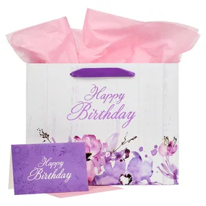 Gift Bag w/ Card LG Landscape White/Purple/Pink Happy Birthday