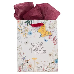 Gift Bag MD White/Red Give Thanks 1 Thess. 5:18