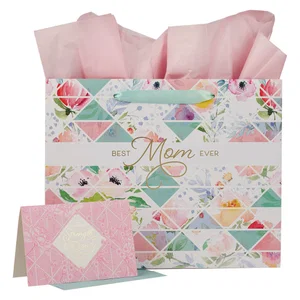 Gift Bag w/ Card LG Landscape Pink/Teal Best Mom Ever Prov.