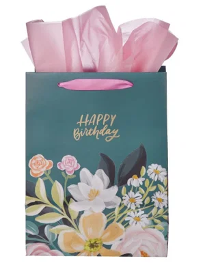 Gift Bag LG Portrait Dark Floral Happy Birthday