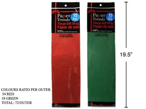 Paper T. Xmas 15-Sheet Red/Green Tissue, 18"x18", 54-Red/18-Green