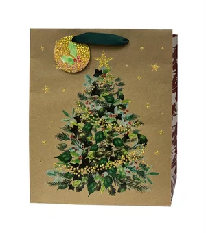 Paper T. Xmas DLX Gift Bag, Xmas  Tree, Large, Kraft+HS, j-hook+tag